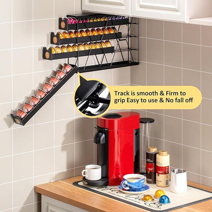 FlagShip 4-Tier Corner Coffee Pod Organizer for Nespresso Vertuo - 40+ Capsule Storage, Slim Metal Kitchen Countertop Space Saver with Compact Design