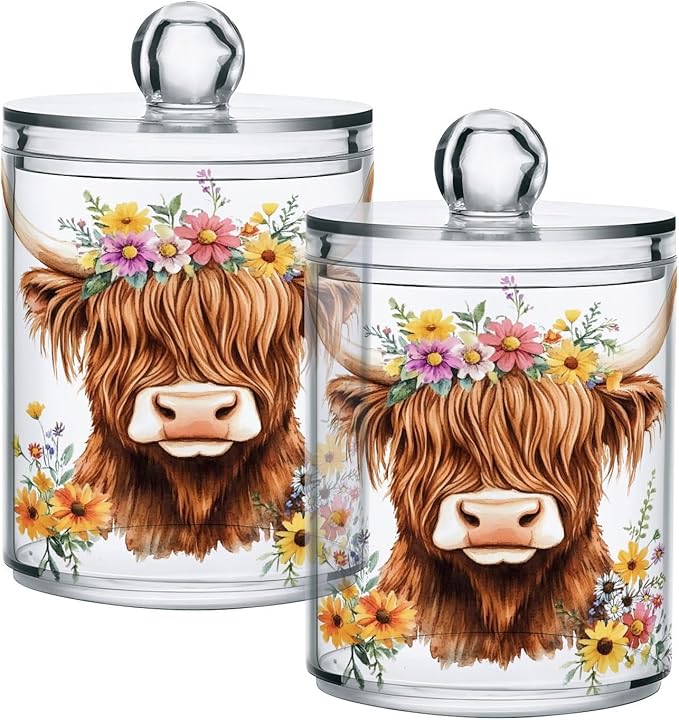 4 Pack Qtip Holder Dispenser Adorable Highland Cow Florals Cotton Ball Swab Round Pads Floss Clear Bathroom Storage Containers Plastic Apothecary Jars with Lids