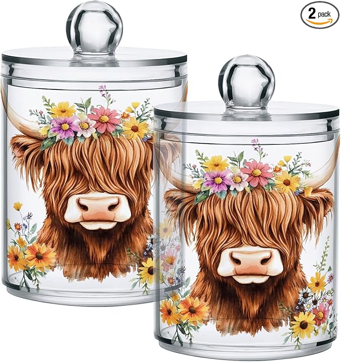 2 Pack Qtip Holder Dispenser for Cotton Ball Adorable Highland Cow Florals Swab Round Pads Clear Plastic Acrylic Jar Set Bathroom Canister
