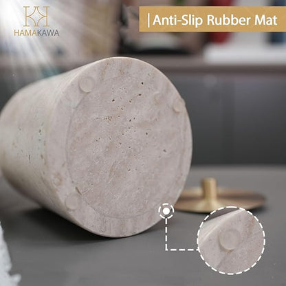 Nartural Marble Qtip Holder with Brass Lid, Beige Travertine Cotton Swab Jar, Modern Round Canister, Small Apothecary Storage Jars for Bathroom, Bedroom, Vanity, Kitchen Cabinet