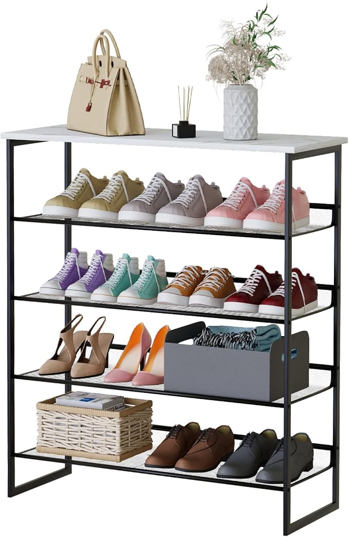 Garden 4 you Shoe Rack for Entryway 5 Tiers 11.8" D x 29" W x 36.5" H, Metal Shoe Rocks with White Wooden Tabletop, Angled Shoes Rack with Adjustable Mesh Shelves for Entryway Hallway Closet