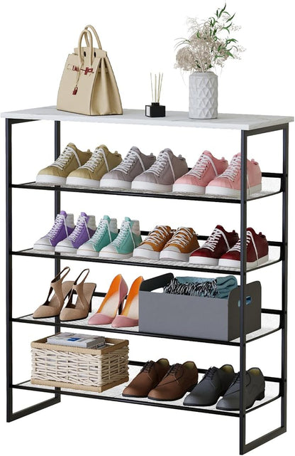 Garden 4 you Shoe Rack for Entryway 5 Tiers 11.8" D x 29" W x 36.5" H, Metal Shoe Rocks with White Wooden Tabletop, Angled Shoes Rack with Adjustable Mesh Shelves for Entryway Hallway Closet