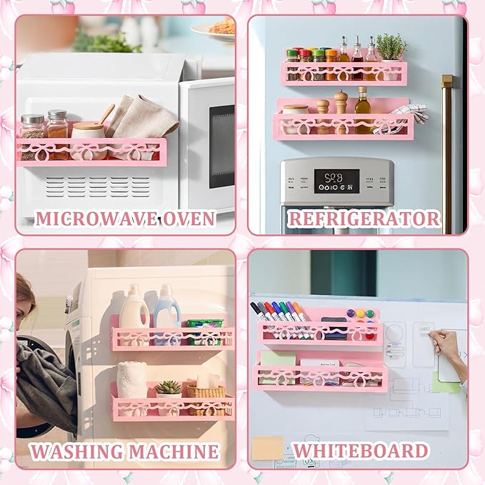 Beeveer 2 Pack Lace Bow Magnetic Spice Rack for Refrigerator Metal Magnet Basket Shelf for Fridge Seasoning Storage Organizers Home Decor Kitchen Accessories (Pink)