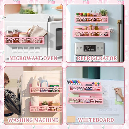 Beeveer 2 Pack Lace Bow Magnetic Spice Rack for Refrigerator Metal Magnet Basket Shelf for Fridge Seasoning Storage Organizers Home Decor Kitchen Accessories (Pink)