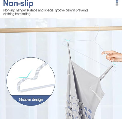 SPECILITE Wire Metal Clothes Hangers Bulk 50 Pack with Groove, 16.7 Inch, 12 Gauge Ultra Thin, Non Slip, for Standard Size Suits, Shirts, Pants, Skirts, White