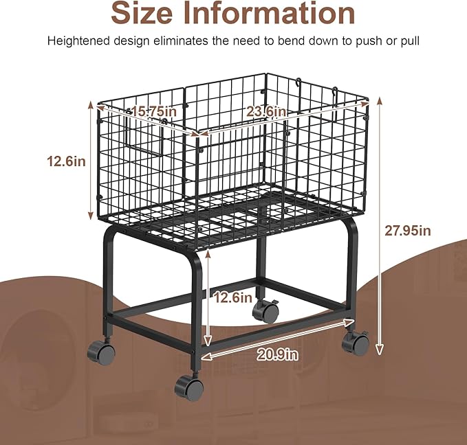 Wire Laundry Hamper Cart,Rolling Laundry Carts with Pull Handle,Black Tall Laundry Basket,Commercial Wire Laundry Hamper Cart-23.6 * 15.75 * 28 inches