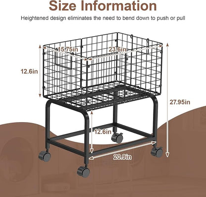 Wire Laundry Hamper Cart,Rolling Laundry Carts with Pull Handle,Black Tall Laundry Basket,Commercial Wire Laundry Hamper Cart-23.6 * 15.75 * 28 inches