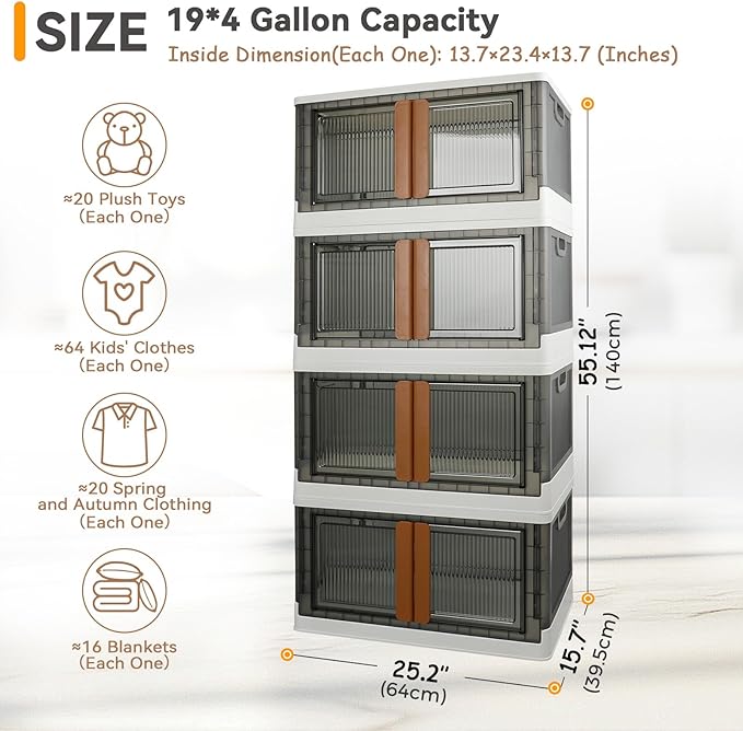Storage Boxes, Extra Large Cabinet with Lids, 19 Gallon(72L) Capacity (Each One), 4 Packs, Useful Box with Door and Buckles, Foldable, Transparent, Excellent Home Organizers