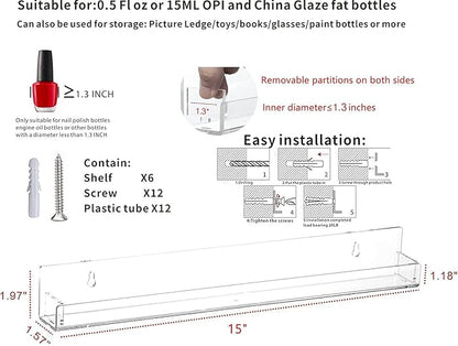 Cq acrylic Nail Shelves for Nail Polish,15 Inch 6 Pack Hanging Clear Nail Polish Wall Organizer for Nail Salon Wall Essential Oil Shelf,Gel Fingernail Polish Holder and Tattoo Studio Decor Paint