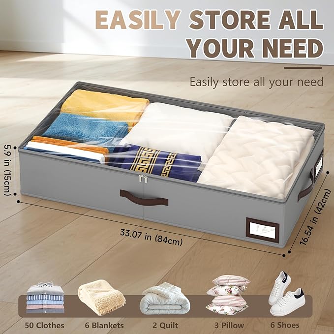 OIAHOMY 2 Pack Under Bed Storage with 4 Compression Bags, Underbed Organizers for Bedroom & Closet, Fits Beds Higher than 5.9", Space-Saving for Seasonal Clothes, Blankets & Shoes - Grey
