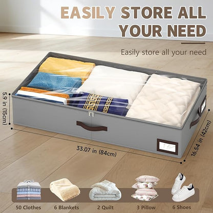 OIAHOMY 2 Pack Under Bed Storage with 4 Compression Bags, Underbed Organizers for Bedroom & Closet, Fits Beds Higher than 5.9", Space-Saving for Seasonal Clothes, Blankets & Shoes - Grey