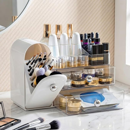Makeup Organizer with Dustproof Brush Holder, Large Capacity Skincare & Cosmetic Storage for Vanity, 3-Tier Bathroom Countertop Organizer with Drawers for Perfume, Lipstick, Mask, Ideal Gift (White)