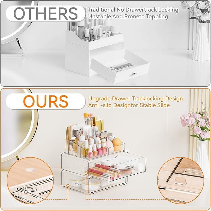 Yieach 3 Tier Clear Acrylic Makeup Organizers with Drawers,Tiered Countertop Make up Storage Organizer for Dresser Top and Bathroom Vanity,Plastic Makeup Stand for Brush,Skincare,Beauty Organizers