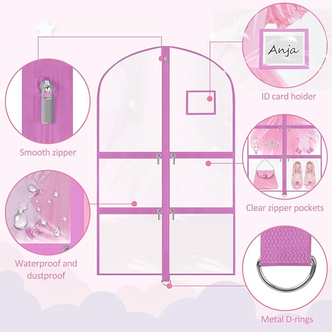 Garment Bags for Dance Costumes - 40 Inch Clear PVC with 5 Zipper Pockets (3 Pack) - Kids Dance Garment Bag for Dancers, Hanging Clothes Storage, Competitions & Travel (Clear Pink)