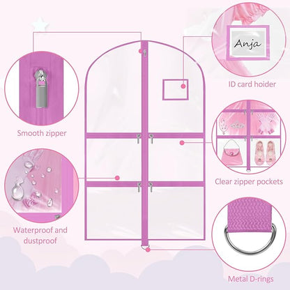 Garment Bags for Dance Costumes - 40 Inch Clear PVC with 5 Zipper Pockets (3 Pack) - Kids Dance Garment Bag for Dancers, Hanging Clothes Storage, Competitions & Travel (Clear Pink)