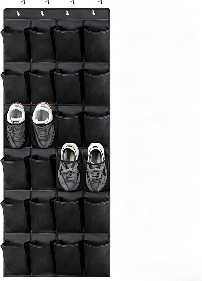 Meolsaek Over the Door Shoe Organizer with 40 Breathable Mesh Pockets, Hanging Shoe Organizer for Door with 4 Metal Hooks, Shoe Organizer for Closet, Bedroom, Bathroom, Pantry (Black, 24)