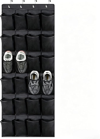 Meolsaek Over the Door Shoe Organizer with 40 Breathable Mesh Pockets, Hanging Shoe Organizer for Door with 4 Metal Hooks, Shoe Organizer for Closet, Bedroom, Bathroom, Pantry (Black, 24)