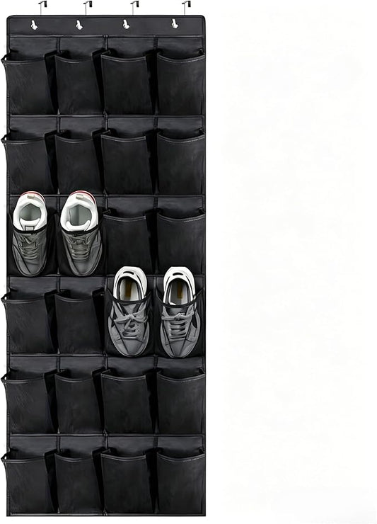 Meolsaek Over the Door Shoe Organizer with 40 Breathable Mesh Pockets, Hanging Shoe Organizer for Door with 4 Metal Hooks, Shoe Organizer for Closet, Bedroom, Bathroom, Pantry (Black, 24)