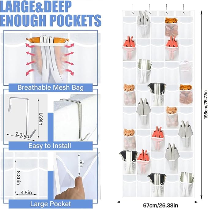Over the Door Shoe Organizer, Cruise Essentials for Closet & Pantry,40Over The Door Shoe Organizer with Crystal Clear Pockets and Metal Hooks – Heavy Duty Hanging Shoe Storage Rack for Bathroom