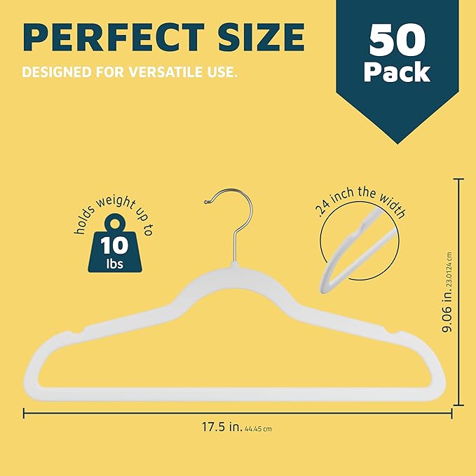 Lifemaster Velvet Clothes Hanger – with 360 Degree Swivel Hook and Non-Slip Shoulder Notch, Holds Up to 10 lbs, Heavy Duty Hanger Set, for Organizing Suit, Dress, Coat, and Clothes, Pack of 50, White