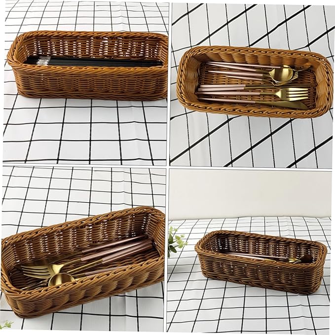 1pc Rattan-like Woven Storage Basket Rattan Flatware Organizer Kitchen Tray Kitchen Drawer Organizer Fork and Spoon izer Flatware Container Plastic Chopsticks Pp Basket