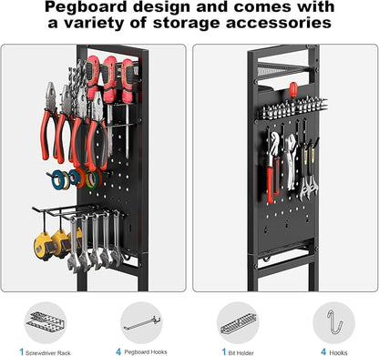 CCCEI Garage Power Tools Organizer Cart with Charging Station, Black Floor Standing Rolling Drill and Tools Battery Storage Cart on Wheels. Black Utility Rack Gift for Men, Husband, Father.