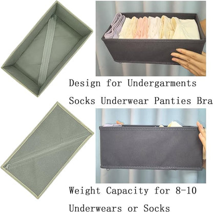Bructhun Sock Drawer Organizer 3 Pack - Foldable Fabric Storage Bins for Underwear Divider, Small Closet Organizers with 3 Compartments, Light Gray