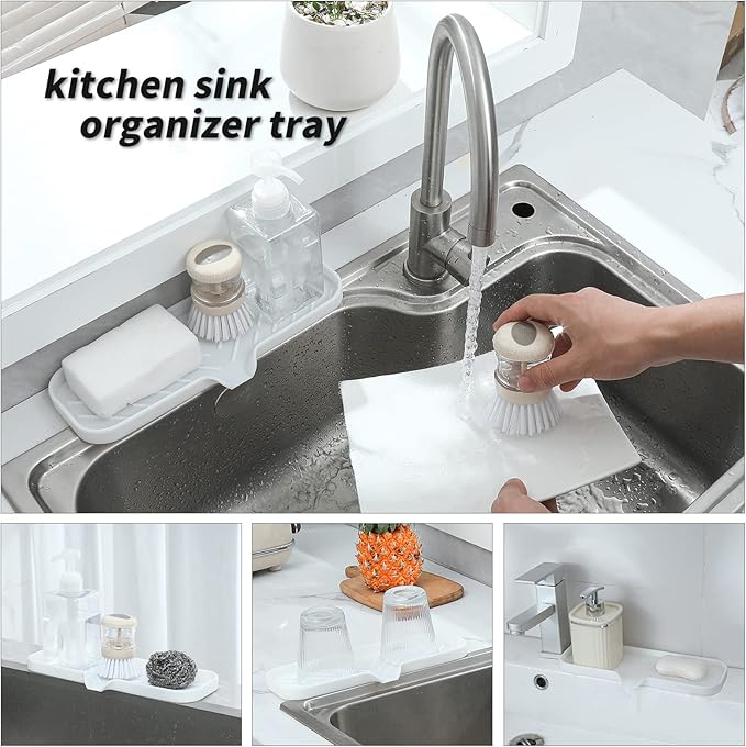 MicoYang Silicone Bathroom Soap Dishes with Drain Spout-Bathroom and Kitchen Sink Organizer,Sponge Holder,Dish Soap Tray,Perfect for Dispenser,Scrubber,Bottle,Cup on Sink or Counter-White 12"×4"
