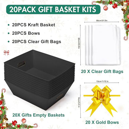 AFOROEOA 20PACK Baskets for Gifts Empty, 10x12”Thick Black Gift Basket with 20 Bows 20 Bags Empty Gift Baskets for Christmas, Valentine’s Day, Easter, Birthdays, Snacks, Farmers Market