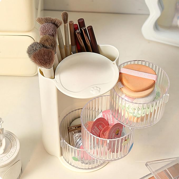 Hair Accessories Organizer with Hair Brush Holder, Rotatable Makeup Brush Holder for Necklaces, Earring, Bracelet, Ring, Makeup Brushes, Hair Clip and Hair Accessories (3 Layer Beige)