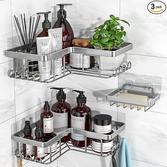 YASONIC Corner Adhesive Shower Caddy, with Soap Holder and 12 Hooks, Rustproof Stainless Steel Bathroom Organizer, No Drilling Wall Mounted Rack, Brushed Silver, 3-Pack