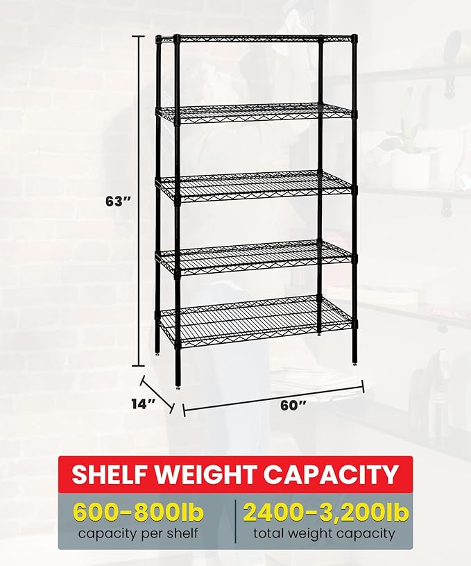 Quantum Storage Systems WR63-1460BK-5 Wire Shelving Starter Kit, 60" W x 14" D x 63" H, 600 lbs Capacity, Carbon Steel, Epoxy Coated, Black, NSF