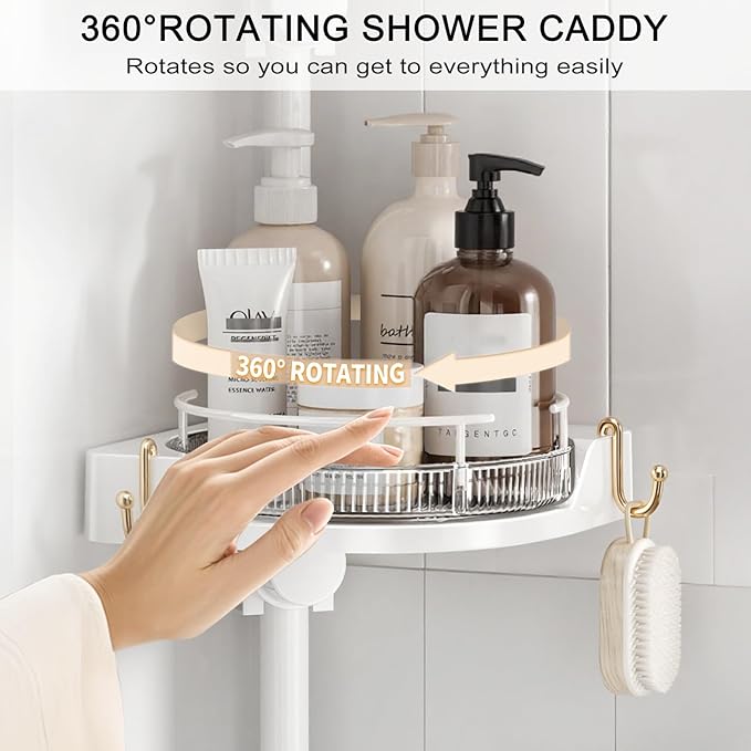 shuang qing 360° Rotating Corner Shower Caddy Tension Pole Organizer - 4-Tier Adjustable Rustproof Metal Pole, Plastic Shelves with Safety Guardrail, Bathroom Storage for Shower & Bathtub(White)