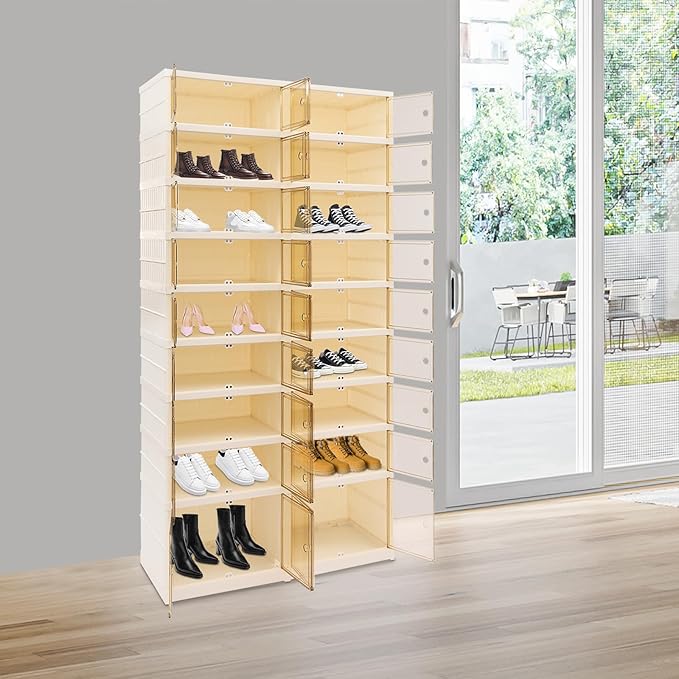 9 Tier Foldable Shoe Rack, Portable 36 Pairs Shoe Organizer, Collapsible Plastic Shoe Storage Cabinet, Clear Shoes Storage Shelf with Door, Stackable Shoes Storage Box for Entryway