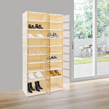 9 Tier Foldable Shoe Rack, Portable 36 Pairs Shoe Organizer, Collapsible Plastic Shoe Storage Cabinet, Clear Shoes Storage Shelf with Door, Stackable Shoes Storage Box for Entryway