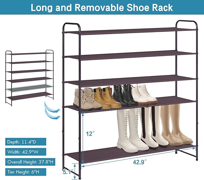 KIMBORA 6 Tier Long Shoe Rack for Closet, Wide Closet Shoe Organizer Storage Sturdy Sneaker Shelf for Floor, Bedroom 42 Pairs (Bronze)