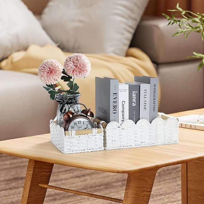 Graciadeco 2 Pack Scalloped Wicker Basket Paper Rope Storage Baskets with Wooden Handles Hand-Woven Organizer Bin Wicker Storage Baskets for Organizing, Home Decor (White)