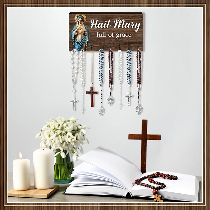 Chunful 2 Pack Rosary Holder Wall Mounted with 16 Hooks Wooden Rosary Hanger Religious Jewelry Hanger Organizer Decorative Jewelry Shelf Catholic Wall Decor for Necklace Bracelet Godparent Gift