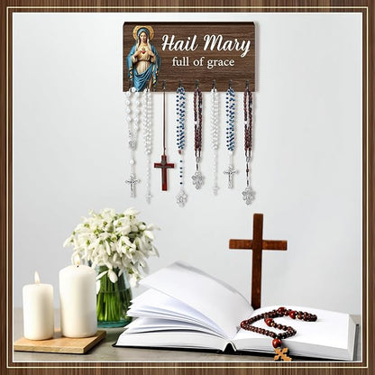 Chunful 2 Pack Rosary Holder Wall Mounted with 16 Hooks Wooden Rosary Hanger Religious Jewelry Hanger Organizer Decorative Jewelry Shelf Catholic Wall Decor for Necklace Bracelet Godparent Gift