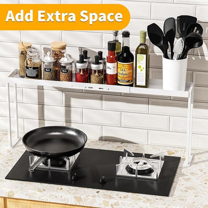 Stove Top Shelf for Curved Stove, Expand 27 to 33 Inch Spice Rack, 4 Level Adjustable Height Spice Shelf, Over the Stove Shelf for Back of Stove Spice Rack Organizer for Countertop, White