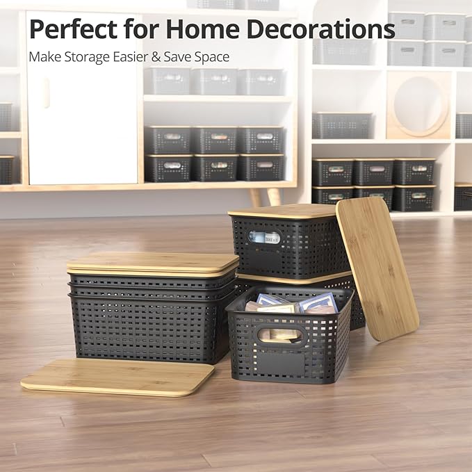 Plastic Storage Baskets with Bamboo Lids, Stackable Small Box Bins for Organizing and Containers for Shelves Drawers Desktop Closet Pantry Classroom Office Home, 6 Pack 10.2x7.2x4.1 Inch, Black