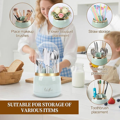 360° Rotating Silverware Utensil Holder for Kitchen Counter, Spoon and Fork Holder with Cover, Cooking Utensil Organizer with 7 Slots and Intermediate Drainage Device for Kitchen Decor(Green)