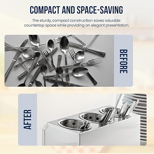 OCS Parts 3-Compartment Silverware Display Holder | Stainless Steel Cylinders | Stainless Steel Kitchen Caddy Utensil Holder with Perforated Cylinders for Home Kitchens, Restaurants and Buffets