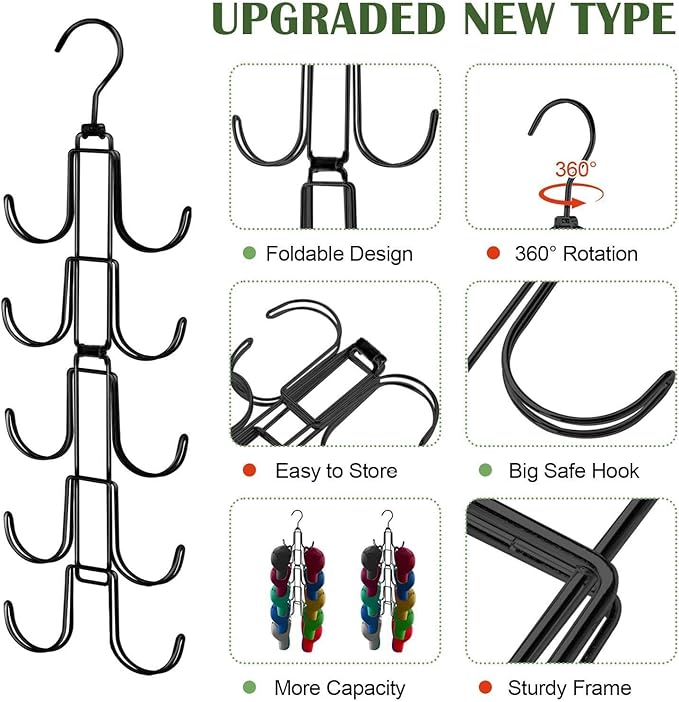 Hat Organizer for Closet, Rotatable Metal Caps Rack with 10 Large Hooks for Display, Holds Up to 40 Baseball Caps, Collapsible Hat Hanger for Closet, Dorm Room Organizers and Storage, Black