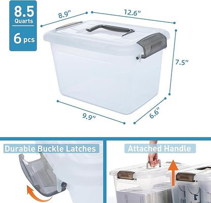 Citylife 6 Packs 8.5 QT Storage Bins with Lids Clear Plastic Bins with Grey Handle Stackable Storage Containers for Organizing