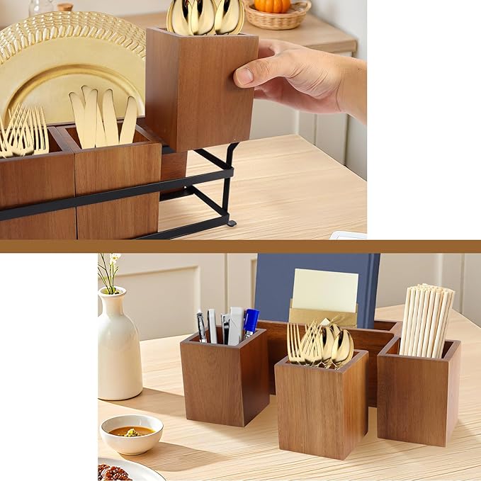 Silverware Caddy Acacia Wood Silverware holder for Party Utensil Caddy with Metal Handle Paper Plate Organizer Cutlery Holder Flatware Organizer for Spoons Forks Napkins