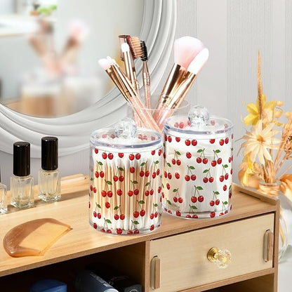 ALAZA 2pcs Red Cherry with Green Leaves Qtip Holder Dispenser 14 oz Bathroom Storage Clear Apothecary Jars Containers Cotton Ball,Cotton Rounds,Floss Picks, Hair Clips, Food