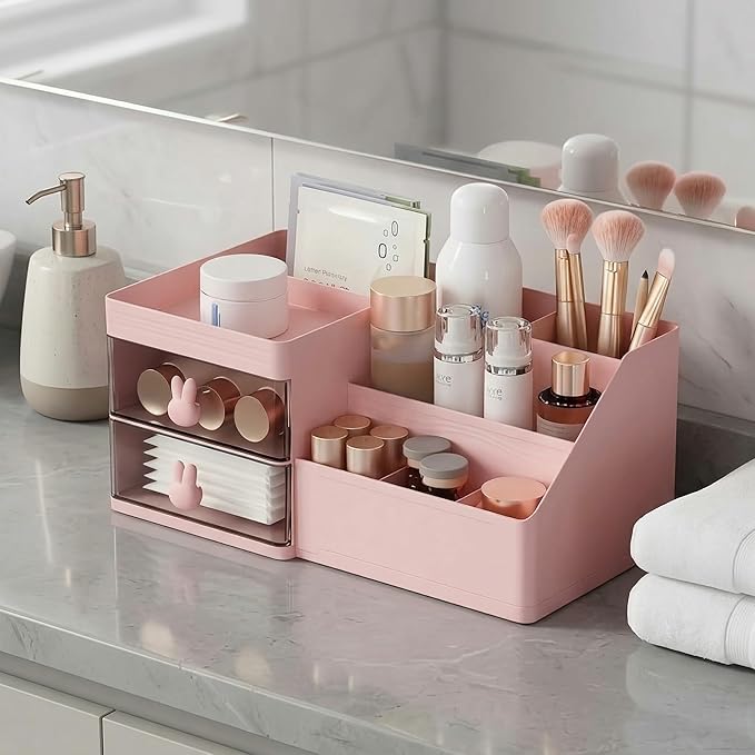 Makeup Organizer With 2 Drawers, Countertop Organizer For Vanity, Bathroom Organizers And Storage, Bathroom And Bedroom Desk Cosmetics Organizer For Skin Care, Brushes, Eyeshadow, Lotions (Pink)