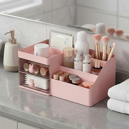 Makeup Organizer With 2 Drawers, Countertop Organizer For Vanity, Bathroom Organizers And Storage, Bathroom And Bedroom Desk Cosmetics Organizer For Skin Care, Brushes, Eyeshadow, Lotions (Pink)