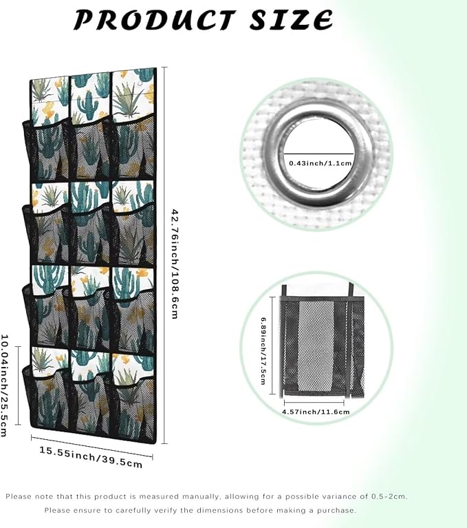 Cactus Hanging Organizer for Cruise Ship Essentials,Mesh Pocket Over the Door Shoe Organizer Space Saving Large 12 Pockets Sturdy Quick Dry Mesh Organizer Hanging with 2 Holes